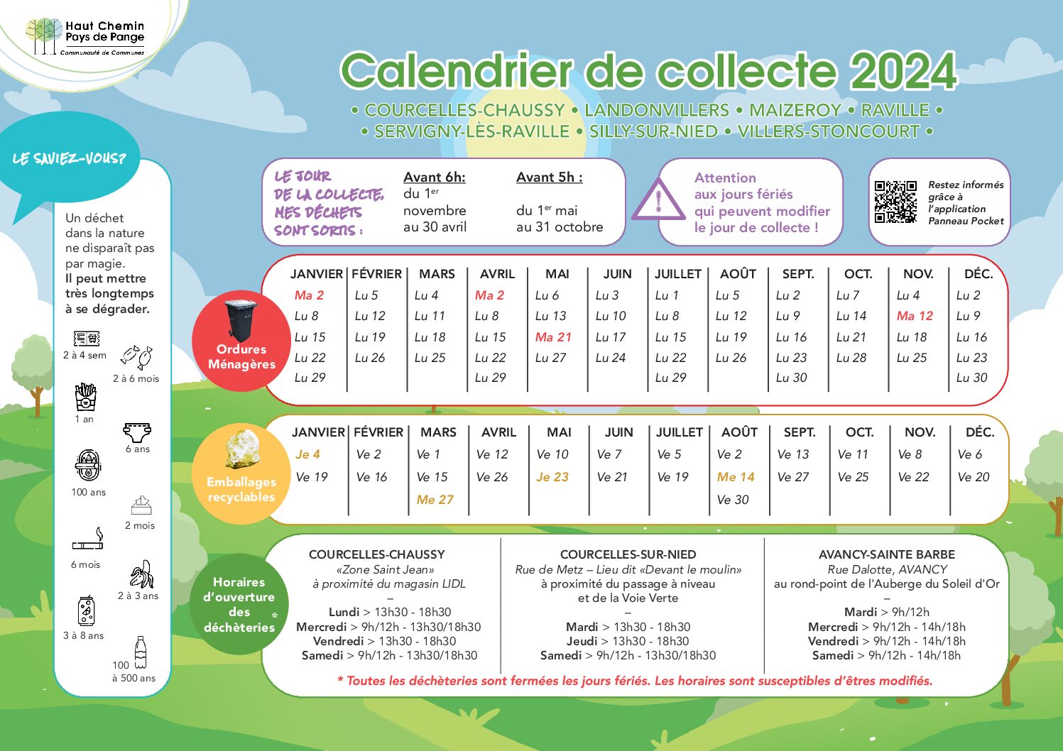 Calendrier de collecte des ordures ménagères 2024 Mairie de CourcellesChaussy, Landonvillers